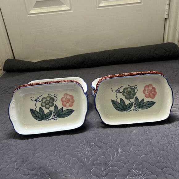Vintage Rare 6pc Ceramic Flower Rectangular Bowl in Wicker Basket Hand Painted - Picture 4 of 9